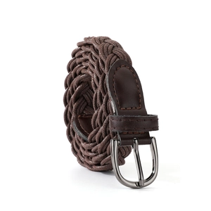 Detail of dark brown braided wax rope belt with metallic pin buckle and faux leather finish
