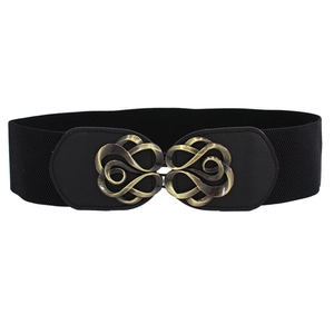 Cinturón ancho elástico negro para mujer con hebilla de metal bronce estilo vintage
