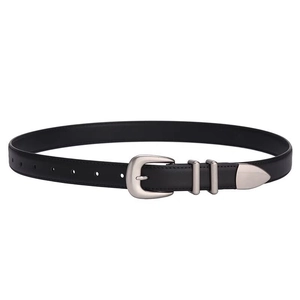 Classic black leather belt for women with silver metal buckle and minimalist pin closure