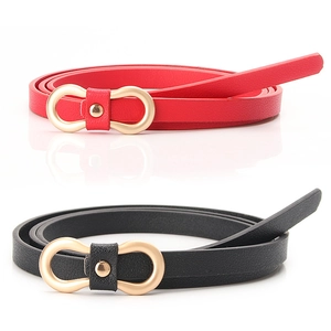 Women's slim leather belt with gold 8-shaped buckle in red and black for dresses