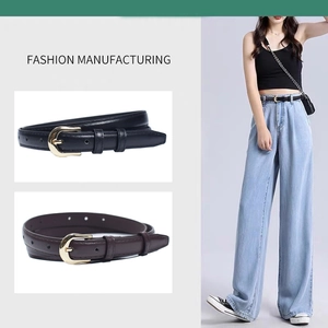 Retro slim leather belt for women with golden horseshoe buckle in black and brown colors