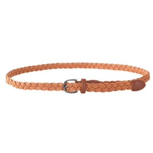 Vintage brown woven waist belt with a dark gray D-shaped metal buckle on a white background