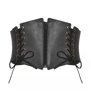 Women's punk style wide black corset belt with front zipper and lace-up details