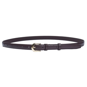 Detail shot of the dark brown leather belt with a golden horseshoe buckle for women