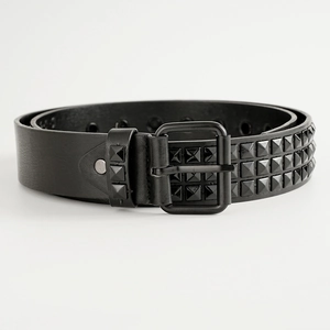 Men's black punk rock leather belt with triple row square pyramid studs and matte buckle