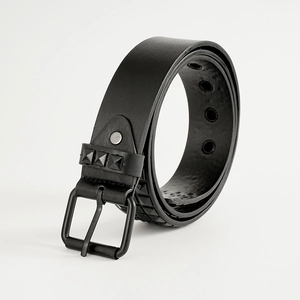 Black punk leather belt with three rows of square pyramid studs and matte metal buckle