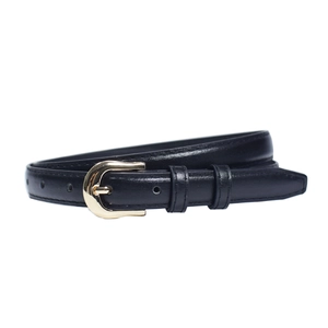 Close-up of black leather belt with lychee texture and shiny gold metallic buckle