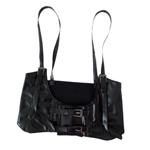 Punk black PU leather corset vest with metal buckles and adjustable shoulder straps