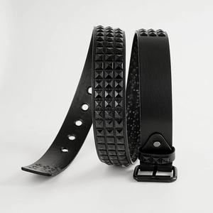 Black punk leather belt with triple-row square pyramid rivets and matte black buckle