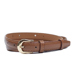 Detail of slim brown leather belt with polished gold D-buckle and fine stitching edge