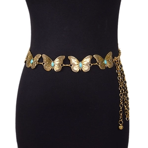 Vintage gold metal waist chain with turquoise butterflies and layered tassel chains