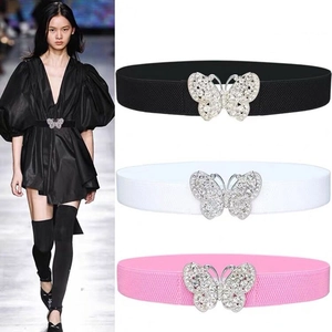Vues détaillées de ceintures élastiques pour femmes avec boucle papillon en strass, trois couleurs