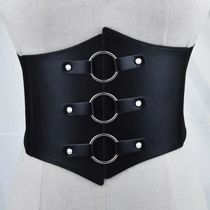 Wide black PU leather waist belt with triple silver rings for dresses and coats
