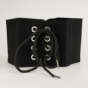 Cintura a corsetto larga nera vintage con lacci e occhielli in argento su tela spessa
