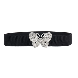 Ceinture élastique avec boucle papillon argentée étincelante et strass incrustés