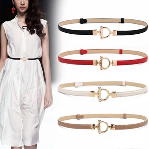 Slim adjustable PU leather waist belt for women with golden metal OT buckle in four colors