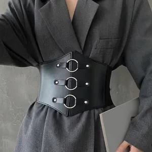 Women's Wide Corset Belt Faux Leather Elastic Waistband With Three Metal Rings Punk Gothic Fashion Belt For Dresses Suits