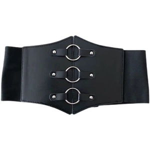 Black wide elastic corset belt with three silver metal rings and stud decorative details