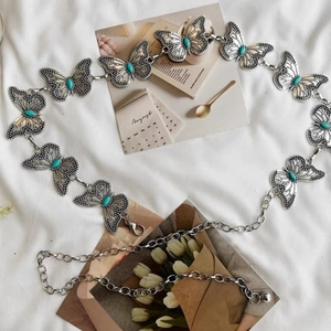 Vintage Bohemian Butterfly Metal Chain Belt For Women Turquoise Inlaid Adjustable Waist Chain Decorative Dress Accessory