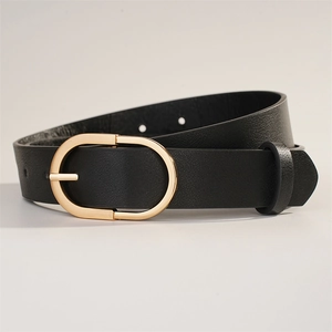 Ceinture classique en cuir noir pour femme avec boucle ardillon ovale dorée polie