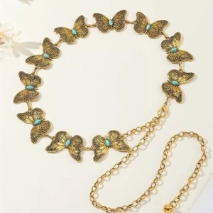 Vintage gold butterfly waist chain with turquoise inlay for women dresses