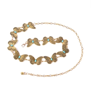 Vintage metal butterfly waist chain with turquoise inlay for elegant dresses