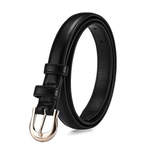 Retro black leather skinny belt for women with a polished gold horseshoe pin buckle