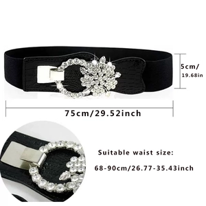 Detailed dimensions of a black elastic wide belt with a floral rhinestone buckle