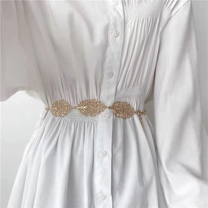 Elegant gold metal leaf waist chain belt with geometric rings for women's fashion suits