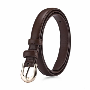 Classic dark brown leather belt for women with elegant horseshoe gold buckle and fine stitching