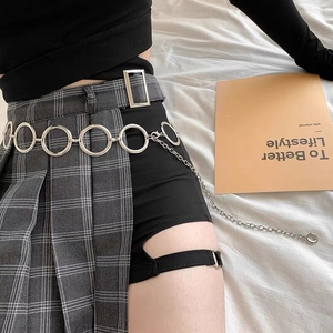 Chic grey plaid pleated skort with silver metal chain belt and geometric ring detail