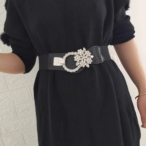 Women's Elegant Black Elastic Corset Belt Rhinestone Flower Buckle Crocodile Pattern Faux Leather Waist Cincher For Dress
