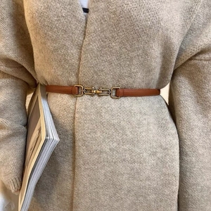 Detail of slim brown leather belt with gold metal buckle on a beige cardigan