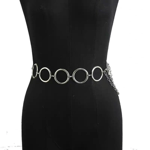 Macro shot of silver metal ring waist chain with an adjustable extension chain detail