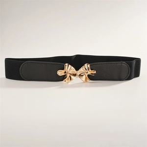 Women's 4cm black elastic waist belt with elegant gold butterfly metal buckle