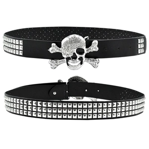 Punk Hip-Hop Gürtel in Schwarz mit Nieten und Strass-Totenkopf-Schnalle für Damen und Herren