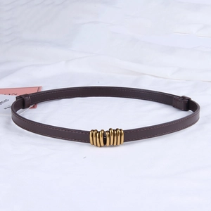 Detail of slim dark brown leather belt for women with multiple golden metal ring buckles