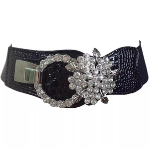 Women black elastic corset belt with floral rhinestone buckle and faux crocodile texture