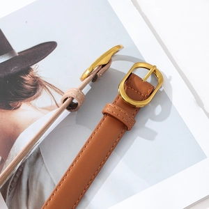 Detail of vintage gold oval buckles on stylish brown and beige PU leather belts