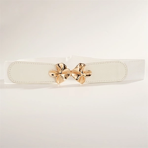 Detailed close-up of white elastic waist belt with elegant golden butterfly buckle