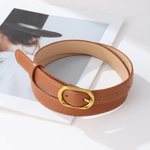 Classic brown leather belt for women with golden oval buckle and fine stitching details