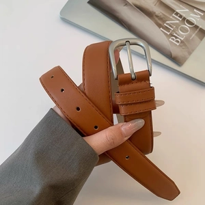 Minimalist brown leather belt for women with silver frosted buckle and fine stitching
