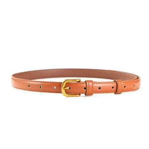 Ceinture fine en cuir marron pour femme avec boucle ardillon dorée et bords surpiqués