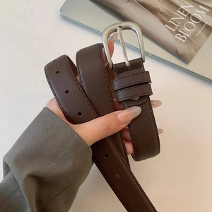 Coffee brown minimalist belt with silver pin buckle and decorative stitching for women