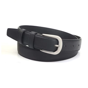 Close-up of black leather belt featuring a matte silver horseshoe buckle and fine stitching