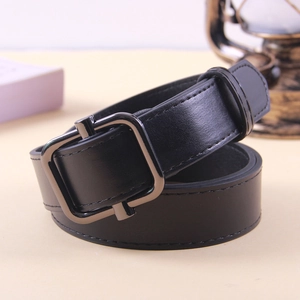 Close-up of black leather belt featuring a gunmetal square pin buckle and clean stitching