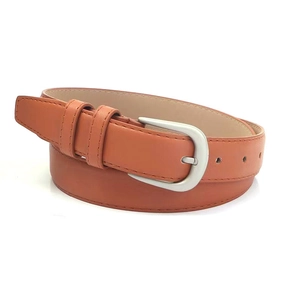 Classic orange-brown leather belt with a minimalist silver metal pin buckle for women