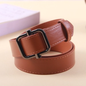 Vintage brown leather belt with dark metal square buckle for men and women stylish jeans