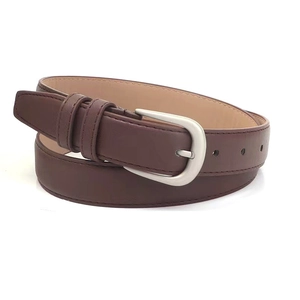 Close-up of a deep brown faux leather women belt with a matte silver D-ring buckle