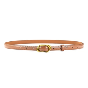 Ceinture fine en cuir marron rétro avec boucle en métal doré et coutures détaillées